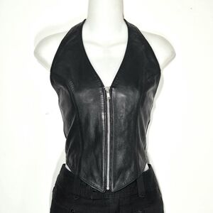 Women's Black Leather Zipper Halter Vest Top